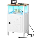 Yoobure Farmhouse NightStand with Charging Station，Wood Night Stand End Table with USB Ports, LED Bed Side Table with Storage Cabinet，Bedside Table for Bedroom, Living Room White