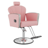 KIGOTY Salon Chair for Hair Stylist, Reclining Salon Chair with Hydraulic Pump,360 Degree Swivel Hair Stylist Chairs with Footrest and Adjustable Headrest for Barbershop (Pink-Silver)