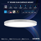 LUXRITE 9 Inch LED Flush Mount Ceiling Light, LED Surface Mount, 5CCT 2700K-5000K, 1500 Lumens, CRI90, 110° Beam, 18 Watt, Dimmable, Wet Rated & UL Listed, Round Slim + Brushed Nickel Trim (6 Pack)