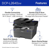 Brother DCP-L26 Series Wireless Monochrome 3-in-1 Laser Printer, 36 ppm in Black, 250 Sheets