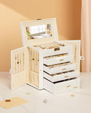 Synthetic Leather Huge Jewelry Box Mirrored Watch Organizer Necklace Ring Earring Storage Lockable Gift Case (White + Gold) Homde