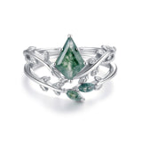 Oseew Natural Moss Agate Ring for Women 2CT Kite Cut 2 Pieces Engagement Ring Set 10K/14K/18K Solid Gold/Sterling Silver Wedding Vintage Leaf Bridal Promise Ring with Gift Box