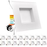 LUXRITE 16 Pack 5/6 Inch LED Square Recessed Lighting, 14W=90W, 5 Color Selectable 2700K | 3000K | 3500K | 4000K | 5000K, Dimmable LED Downlight, 1100 Lumens, Wet Rated, IC Rated, Baffle Trim
