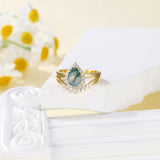 Oseew 2 pcs Vintage Unique Green Stone Wedding Ring 10k gold Natural Moss Agate Ring Set Natural Moss Agate Ring For women with teardrop design Mother's Day Birthday gift