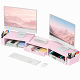 OPNICE Desk Organizers and Accessories, Dual Monitor Stand Riser with Drawer and 2 Pen Holders, Desk Shelf Computer Racks & Printer Stand for Office Workspace Organizers, Desktop Organization (Light Pink)