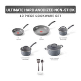 T-Fal Ultimate Hard Anodized Nonstick 10 Piece Cookware Set, Oven Safe Up to 400°F, Dishwasher Safe, Pots and Pans Set, Includes Frying Pans, Saucepan, Stockpot, Cooking Utensils, Stone