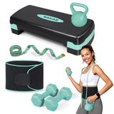 Adjustable Exercise Stepper Kit with Dumbbells & Kettlebell & Weightlifting Belt & Measuring Tape, 2 Level Risers Aerobics Step Platform for Home Gym Exercise Fitness Workout, Green Black