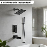 Midanya Rain Shower System Tub Shower Faucet Set Square Rainfall Waterfall Shower Head with Handheld Sprayer Tub Spout Combo Wall Mounted bathtub faucet set Rough-in Valve, 8 Inch Matte Black