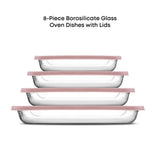 JoyJolt 8-Piece Borosilicate Glass Oven Dishes with Blushy Pink Lids, Rectangle Deep Glass Baking Dish Set, Baking Pans for Lasagna Casserole Cake, Bakeware Set, Freezer to Oven Tray to Dishwasher