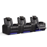 ANJ Power Theater Recliners Set of 3, Electric Home Theater Seating, Black Faux Leather Recliner with Adjustable Headrest, Movie Recliner Theater Chairs with LED,USB, Cup Holders, Hidden Arm Storage