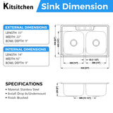 Kitsitchen 33x22 Drop in Kitchen Sink, 33 Inch 304S Stainless Steel Double Bowl Kitchen Sinks with 50/50 Design and Two Strainer, 33" X 22"X 9" Large and Deep Top Mount Kitchen Sinks with 3 holes