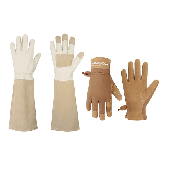 2 Pairs: Rose Pruning Long Gardening Gloves, Ladies Heavy Duty Yard Work Gloves - Beige, Khaki, Medium