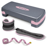 Aerobic Step Platform Set with Ankle Weights & Measuring Tape, Exercise Steppers for Home Gym Exercise Fitness, Adjustable Height 2 Level Risers Workout Step Platform Trainer, Pink Grey