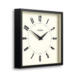 JONES CLOCKS® Box wall Clock | Retro Square | 10 inch | Black | Easy to Read Numbers | Perfect Kitchen or Office Clock