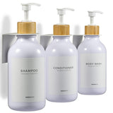 Shampoo and Conditioner Dispenser Wall Mounted Set of 3 White Bamboo - No Drill Shower Soap Dispenser for Bathroom Refillable - Spa Hotel Style Accessories by MaisoNovo
