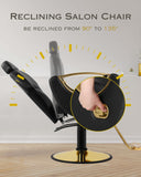 Black and Gold Salon Barber Chair, Reclining Salon chair for Hair Stylist for Home, Barber Chair with Hydraulic Pump, 360° Swivel, Beauty Hairdresser Chair Equipment for Spa, Tattoo, and Shampoo