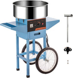Commercial Cotton Candy Machine w/Cart and Wheels, 110V Electric Floss Maker with Stainless Steel Bowl, Sugar Scoop for Family and Various Party Blue