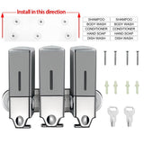 No-Drill 3 Pack 500ml Wall Mounted Soap Dispenser for Bathroom and Kitchen, Shampoo and Conditioner Dispenser Drill Free with Adhesive(Square-Grey)
