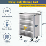 18" x 30" Five Shelf Commercial NSF Stainless Steel Utility Cart - Heavy Duty 304 Steel Service Cart with Enclosed Base, Open Front, Rolling Cart for Kitchen, Catering, Restaurant