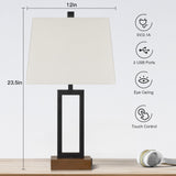Lolikit Table Lamp for Bedroom Set of 2 with 2 USB Ports and AC Power Outlet, 23.5" Modern Bedside Lamp, Wood Nightstand Lamp with Linen Shade for Living Room Hotel Desk(LED Bulb Included)