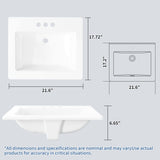 Semi-Recessed Bathroom Sink 21.26 × 17.72 Inch – Square White Ceramic Sink with 3 Faucet Holes (4 Inch Centerset), Drop-In Vanity Sink for Bathroom Remodel