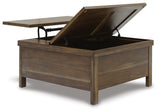 Signature Design by Ashley Moriville Rustic Hinged and Lift Top Cocktail Table with Hidden Storage, Light Brown