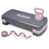 Pink Grey Exercise Step Platform Set with Kettlebell & Measuring Tape, Adjustable Height 2 Level Risers Workout Step Trainer, Aerobic Steppers for Home Gym Exercise Fitness Workout