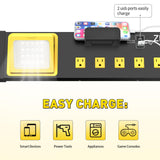 Heavy Duty Metal 10 Outlets Long Power Strip with LED Worklight, Black