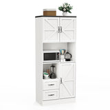 Bigbiglife Farmhouse Kitchen Pantry Cabinet with LED Lights and Power Strip, Tall Kitchen Storage Cabinet, Kitchen Hutch with Microwave Stand & Barn Doors and Drawers for Dining Room (White)