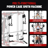 FAGUS H All in One Home Gym System Workout Station with Adjustable Weight Bench,Multi-Function Smithe Machine Power Cage with Cable Crossover,Tripe-Sided Independent Load Posts Functional Trainer, Red