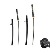 HMS Japanese Samurai Katana and Wakizashi Daisho Combo Set, Warrior and House Tsuba, Hand Forged Heat Tempered, 1045 Carbon Steel, Black Wooden Scabbard