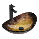 SOLIDEE Bathroom Boat Shape Artistic Glass Vessel Sink Free Black Faucet and Pop-up Drain Set, Gold