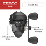Zebco 606 Spincast Fishing Reel, Size 60 Reel, Right-Hand Retrieve, Pre-Spooled with 20-Pound Zebco Fishing Line, QuickSet Anti-Reverse and Dial-Adjustable Drag, Black, Clam Packaging
