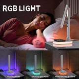 IHAO Luxury Multifunctional LED Desk Lamp10W Qi Wireless Charger Digital Alarm Clock Ambient Light & Temperature Display Adjustable Eye-Care Table Lamp with Leather Texture Design Table Lamp-U20 White