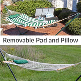 Sunnydaze Rope Hammock with Stand for Outside- 275-Pound Capacity - Includes 12-Foot Hammock Stand, Spreader Bar, Pad, and Pillow - Green & White Stripe