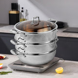 SOGA 3-Tier 11.8 in Heavy-Duty Stainless Steel Food Steamer – Stackable Vegetable & Seafood Steaming Pots with Glass Lid for Home, Restaurant & Kitchen Use