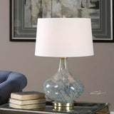 BOWERY HILL Contemporary Table Lamp, Blue Gray Glass with Brass Accents, 24.75 in Height, Ivory Linen Shade, Slightly Tapered Hardback, Indoor Use, Modern Lighting for Living Room or Bedroom