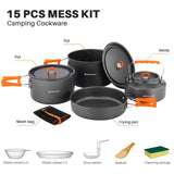 15pcs Camping Cookware Non-Stick Lightweight Camping Pots and Pans Set with Kettle Plastic Plates Bowls Soup Spoon Odoland