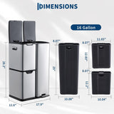 Triple Compartment Stainless Steel Trash and Recycling Bin Combo,16 Gallon,Removable Inner Buckets,Collapsible Foot Pedal,Indoor Use for Kitchen Home Office
