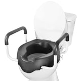 KMINA 4 Inch Soft Raised Toilet Seat with Handles and Lid, 220 lb Capacity, Fits Round & Compact Elongated Bowls up to 15" Wide, Tool-Free Clamp-On Riser, Black