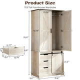 GlouMod 71" Tall Farmhouse Armoire Wardrobe Closet with 3 Drawers and Sliding Barn Door, 3 Doors Wooden Wardrobe Cabinet Clothing Storage Cabinet Organizer, Neoclassical White