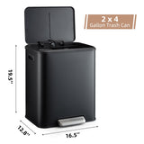 Garvee Dual Trash Can for Recycling and Trash, Stainless Steel Kitchen Trash Can with Lid and Foot Pedal (Black, 8 Gallon(2x4Gal))