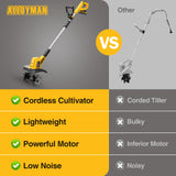 Alloyman 20V Cordless Tiller Cultivator, 360RPM Electric Garden Tiller, with 2 * 2.0Ah Batteries & Charger, 9In Tilling Width and 6.6In Depth