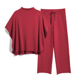 SeeLuNa Women's Two Piece Outfits 3/4 Batwing Sleeve Capelet Crew Neck Pullover Top Wide Leg Pants Lounge Set(Wine Red,XL)