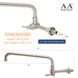 AA Faucet Single Wall Mount Commercial Manual Wok Range Faucet with 14" Swing Spout, All Stainless Steel Construction for Restaurant Kitchen NSF Approved