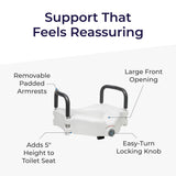Drive Medical 2-in-1 Raised Toilet Seat with Removable Padded Arms - Elevated Bathroom Safety Support - Secure Locking Attachment - Easy Height Assistance - Durable Construction, Standard Toilets