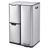 Triple Compartment Stainless Steel Trash and Recycling Bin Combo,16 Gallon,Removable Inner Buckets,Collapsible Foot Pedal,Indoor Use for Kitchen Home Office