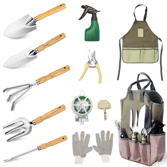 12-Piece Heavy Duty Stainless Steel Gardening Tools Kit with Storage Organizer Handbag & Tool Apron - All-in-One Premium Garden Gift Set for Women/Men