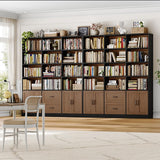 HOSTACK 71" Tall Triple Wide Bookshelf with Storage Drawers & Doors, Brown