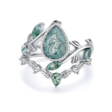 Oseew Natural Moss Agate Ring for Women 2CT Pear Cut 2 Pieces Engagement Ring Set 10K/14K/18K Solid Gold/Sterling Silver Wedding Vintage Leaf Bridal Promise Ring with Gift Box
